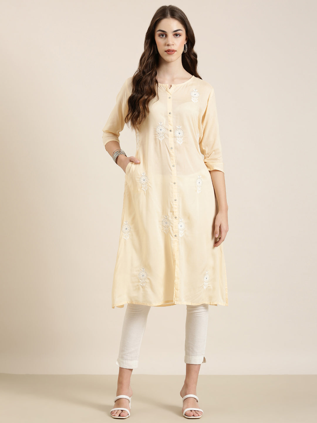 Women Peach Floral A-Line Kurta