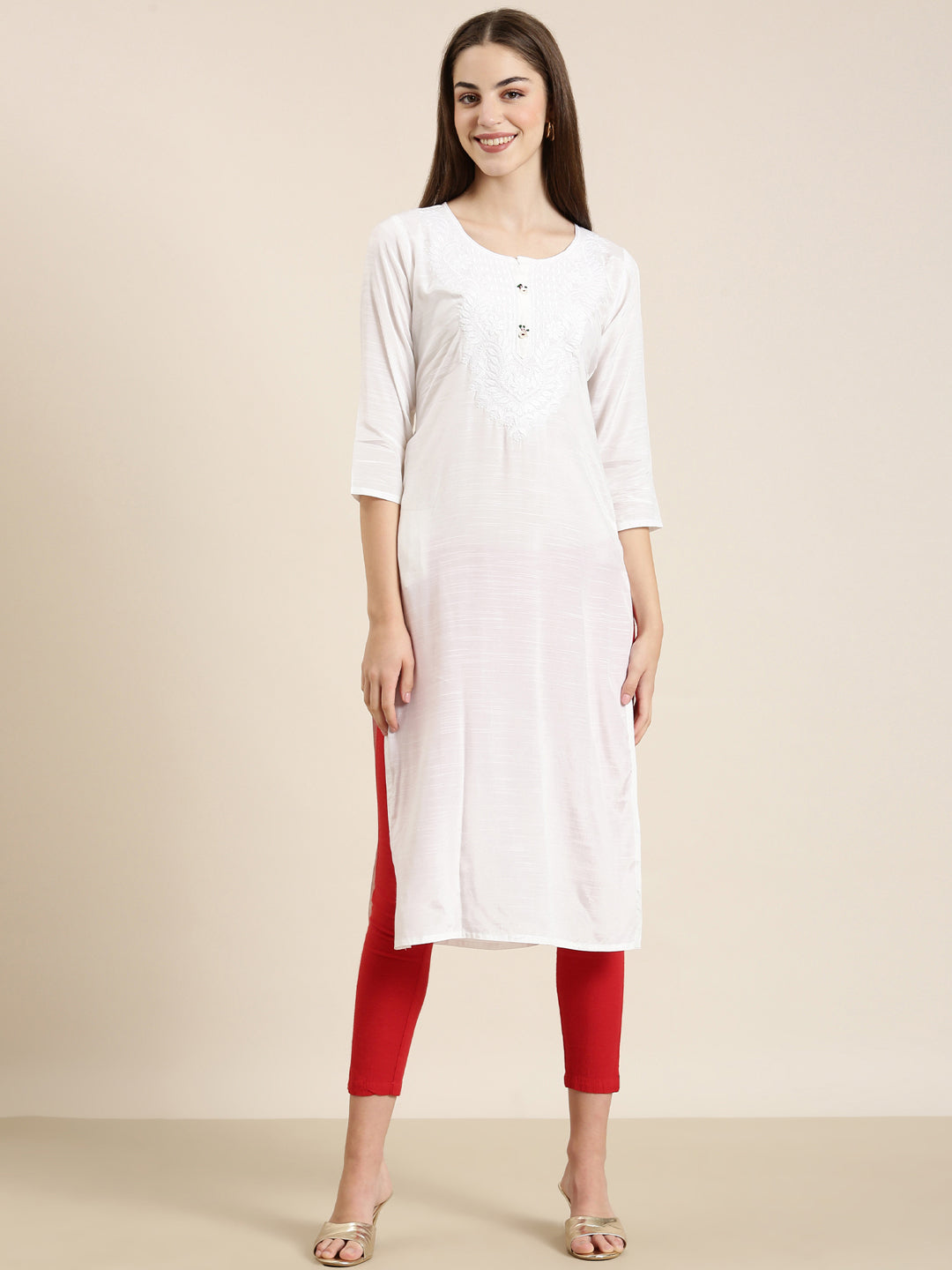 Women White Solid Straight Kurta