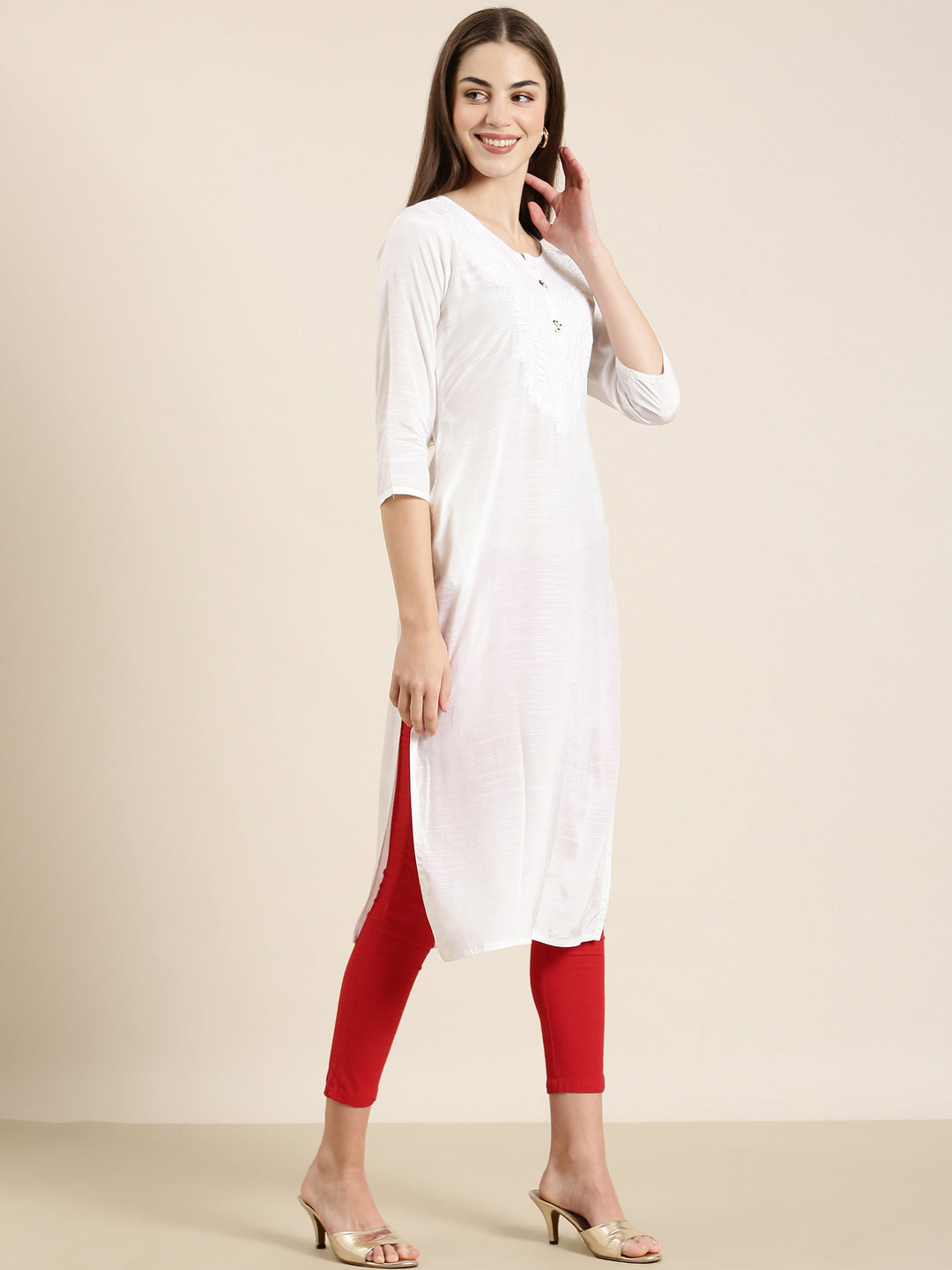 Women White Solid Straight Kurta