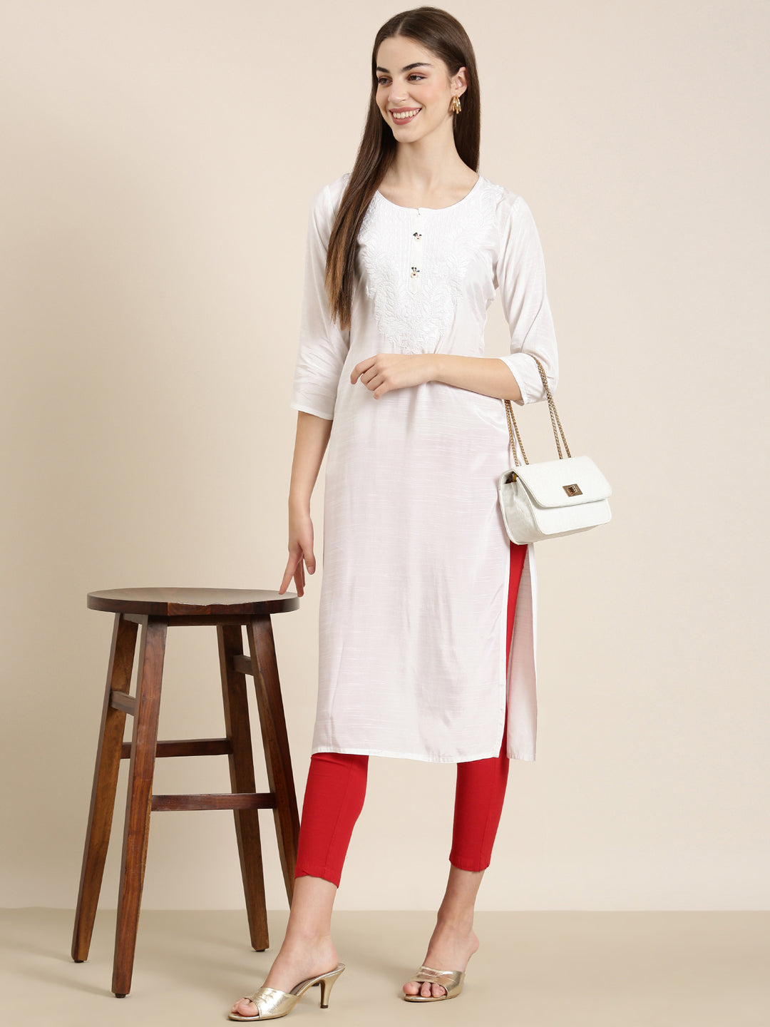 Women White Solid Straight Kurta