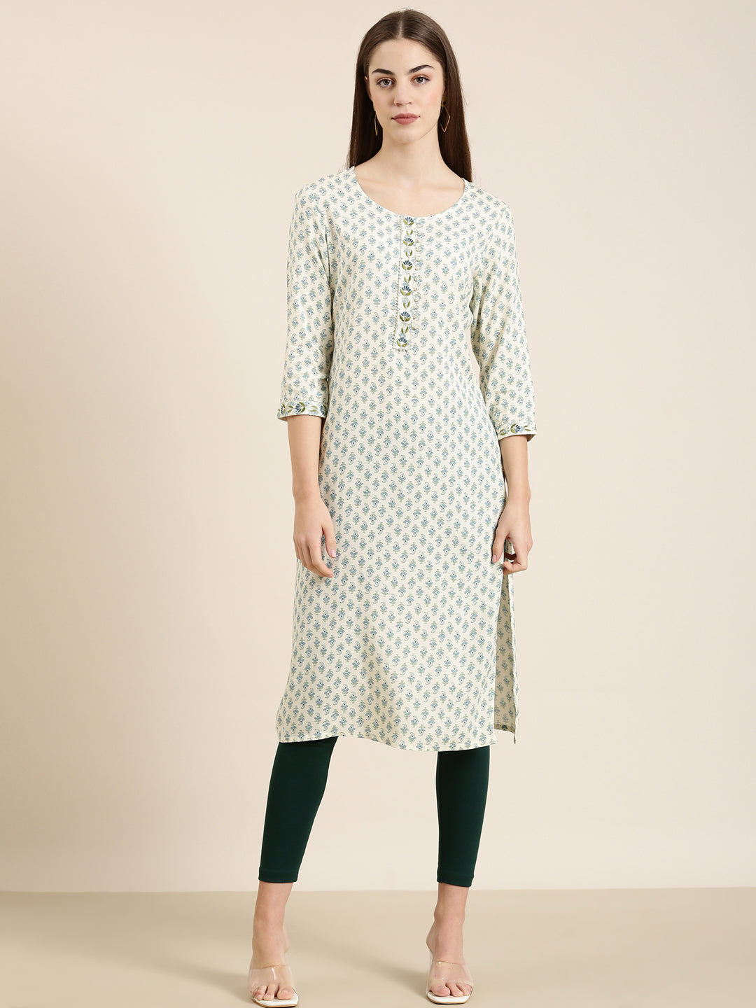 Women Off White Paisley Straight Kurta