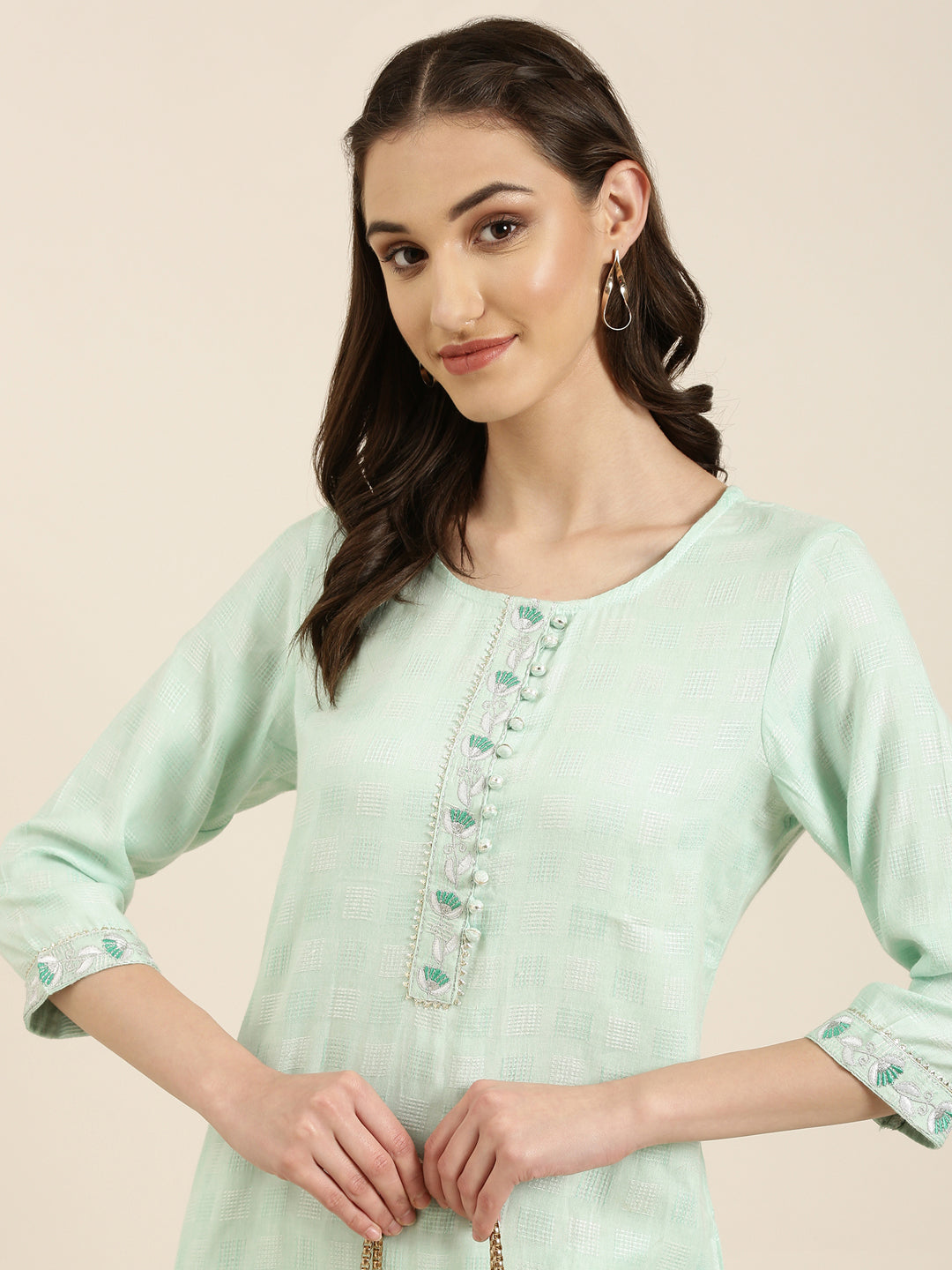 Women Sea Green Solid Straight Kurta