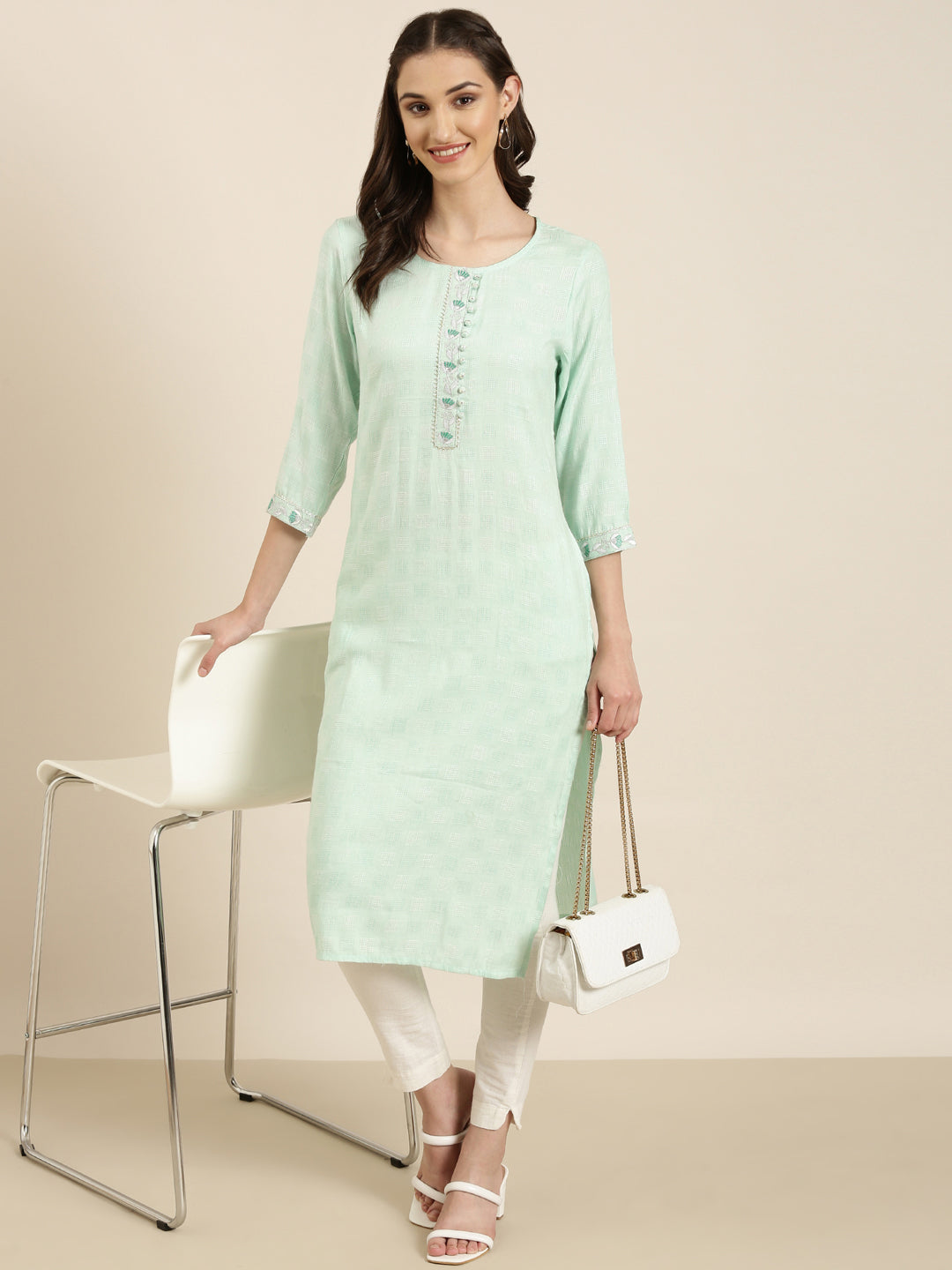 Women Sea Green Solid Straight Kurta