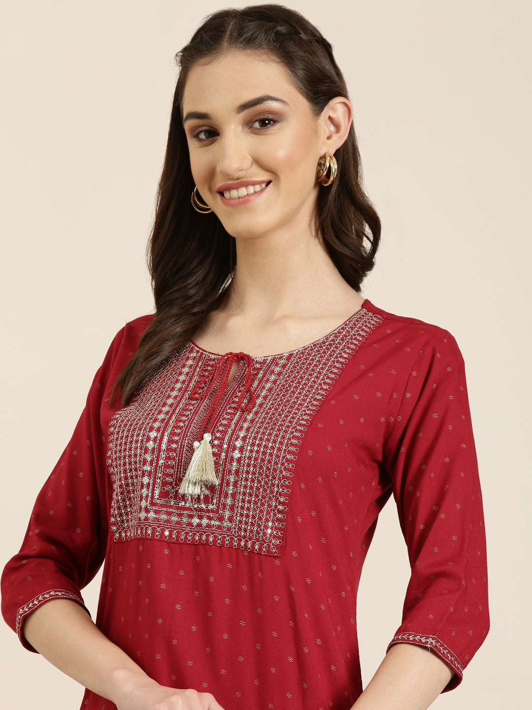 Women Maroon Floral Straight Kurta