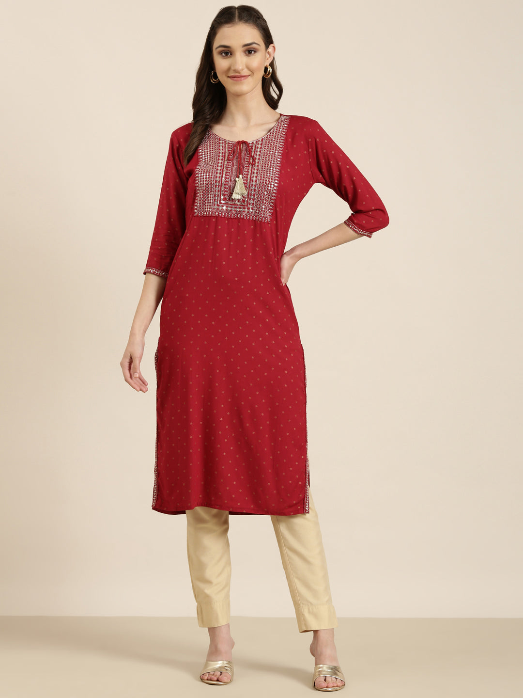 Women Maroon Floral Straight Kurta