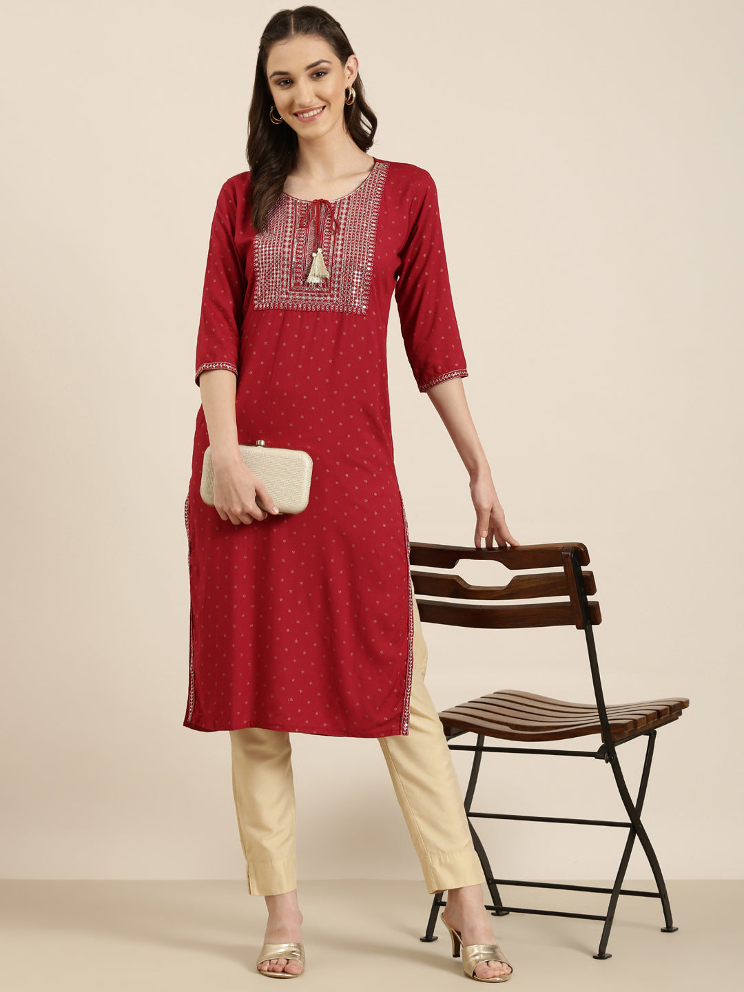 Women Maroon Floral Straight Kurta