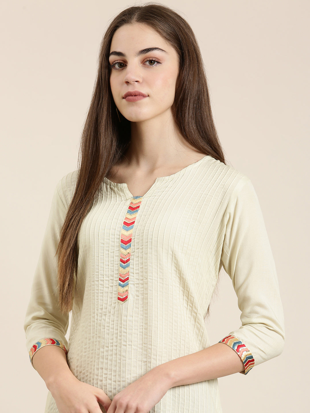 Women Cream Striped Straight Kurta