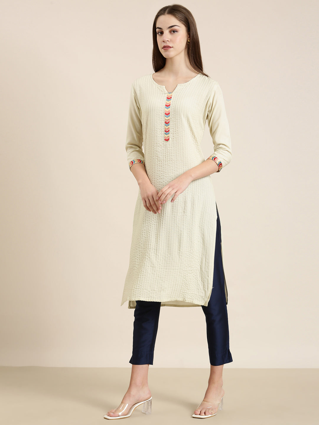 Women Cream Striped Straight Kurta