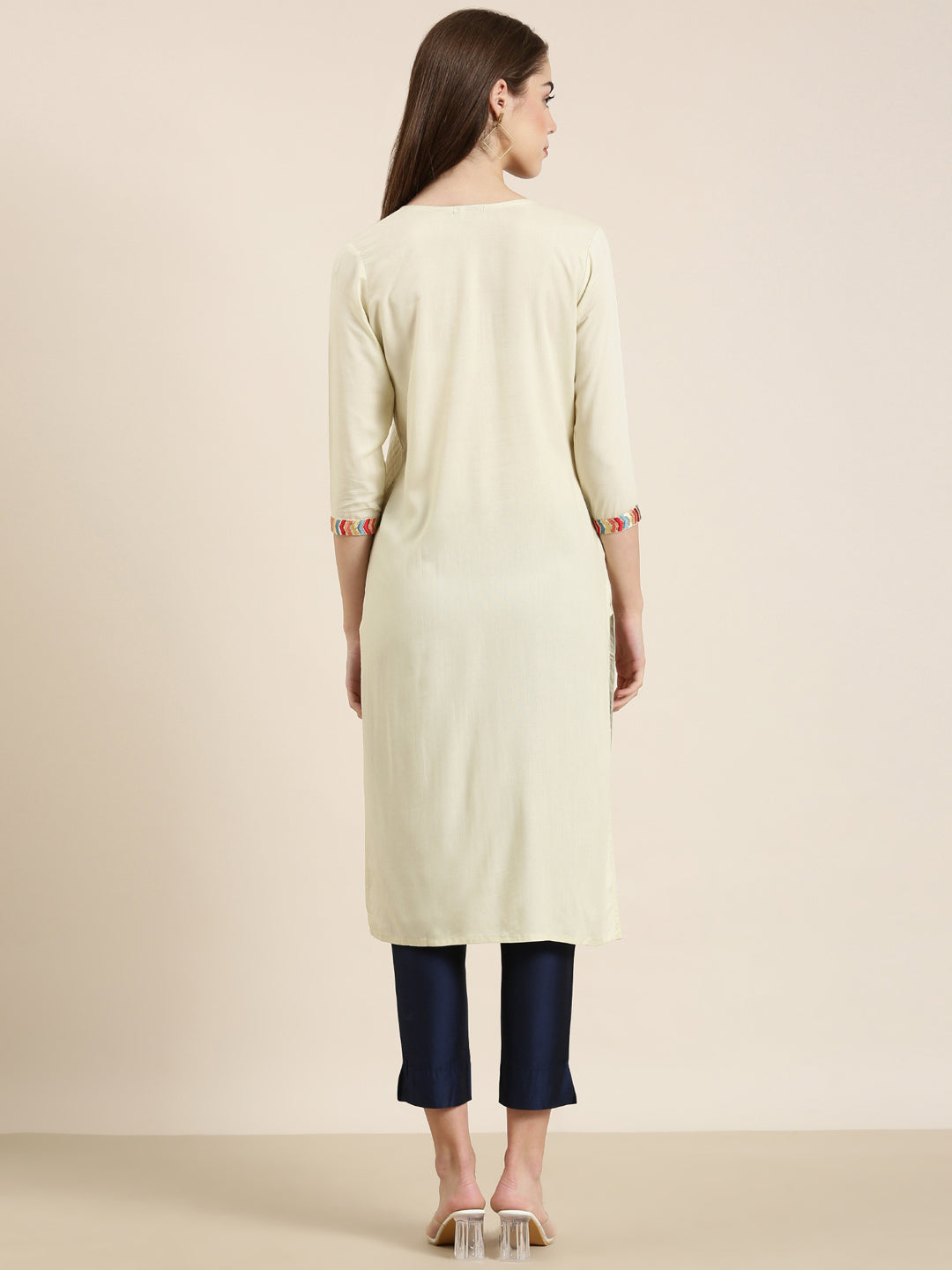 Women Cream Striped Straight Kurta