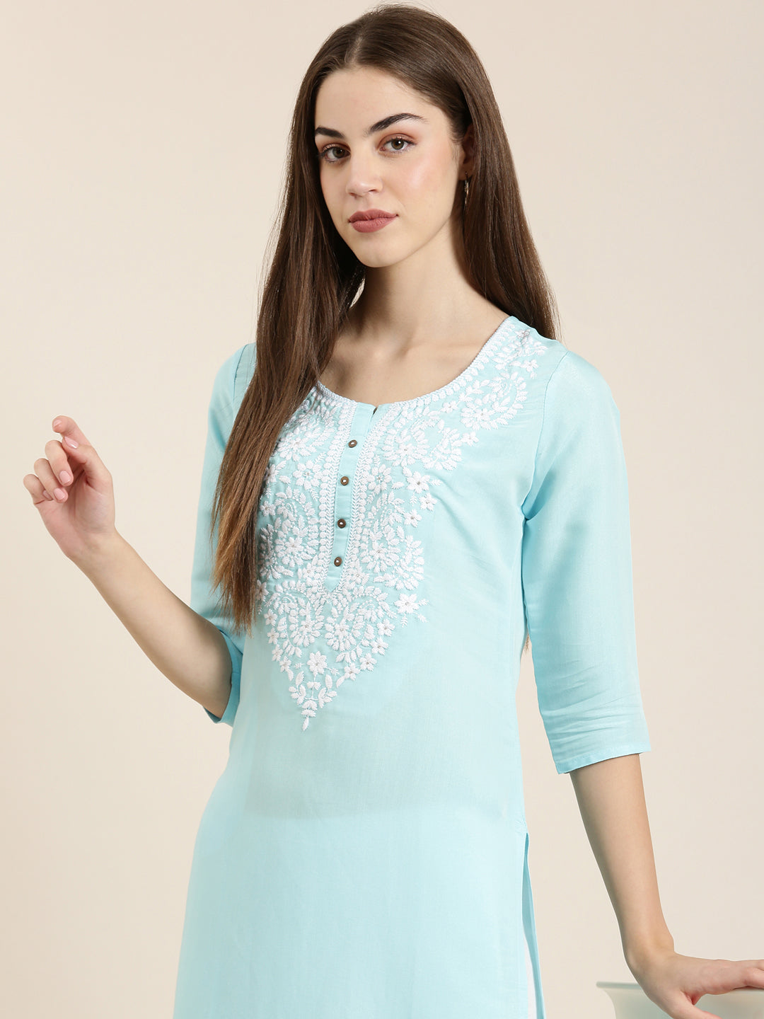 Women Blue Solid Straight Kurta