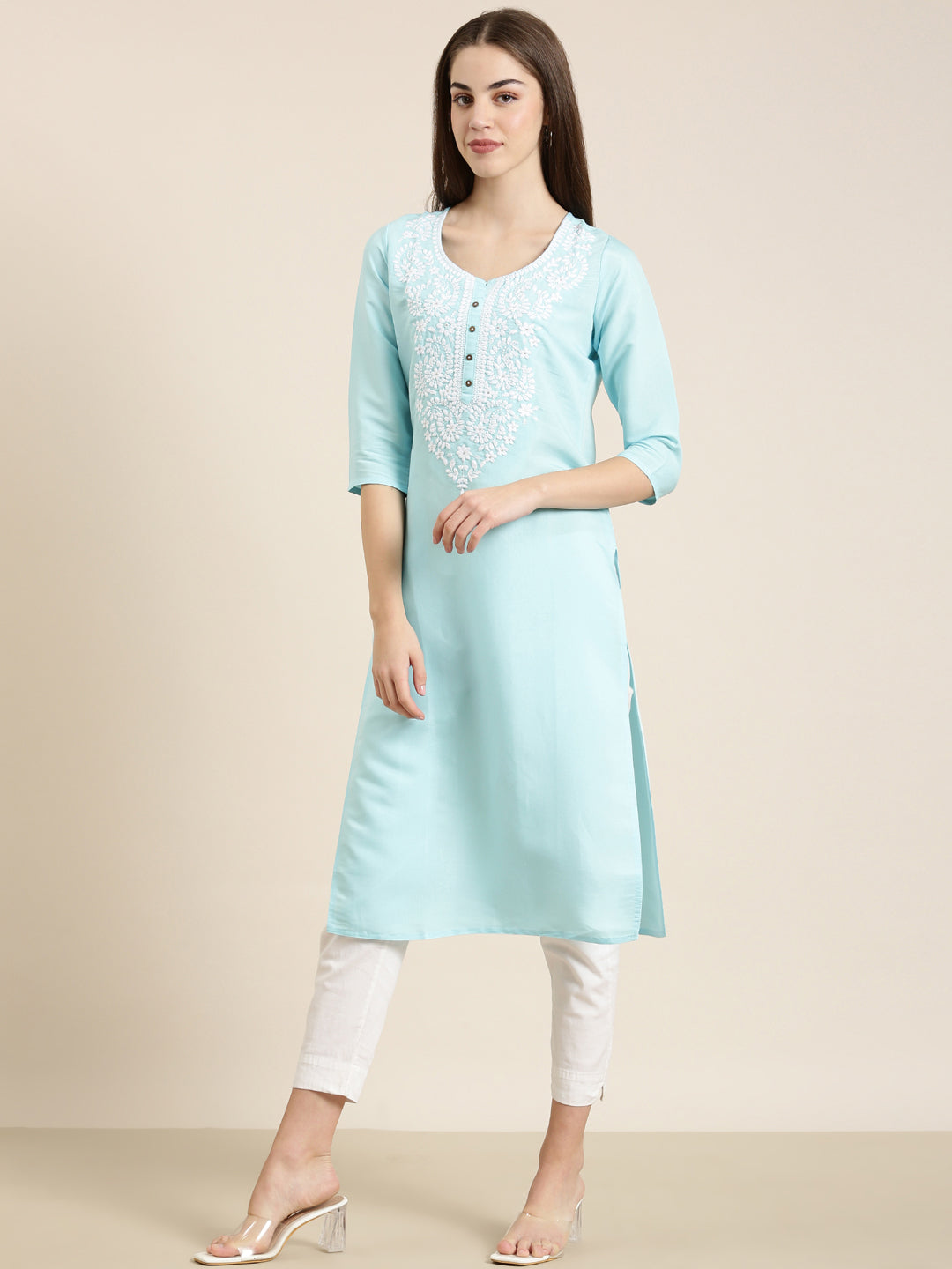 Women Blue Solid Straight Kurta