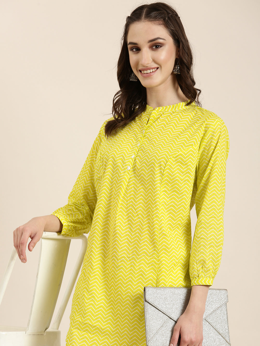 Women Lime Green Chevron A-Line Kurti