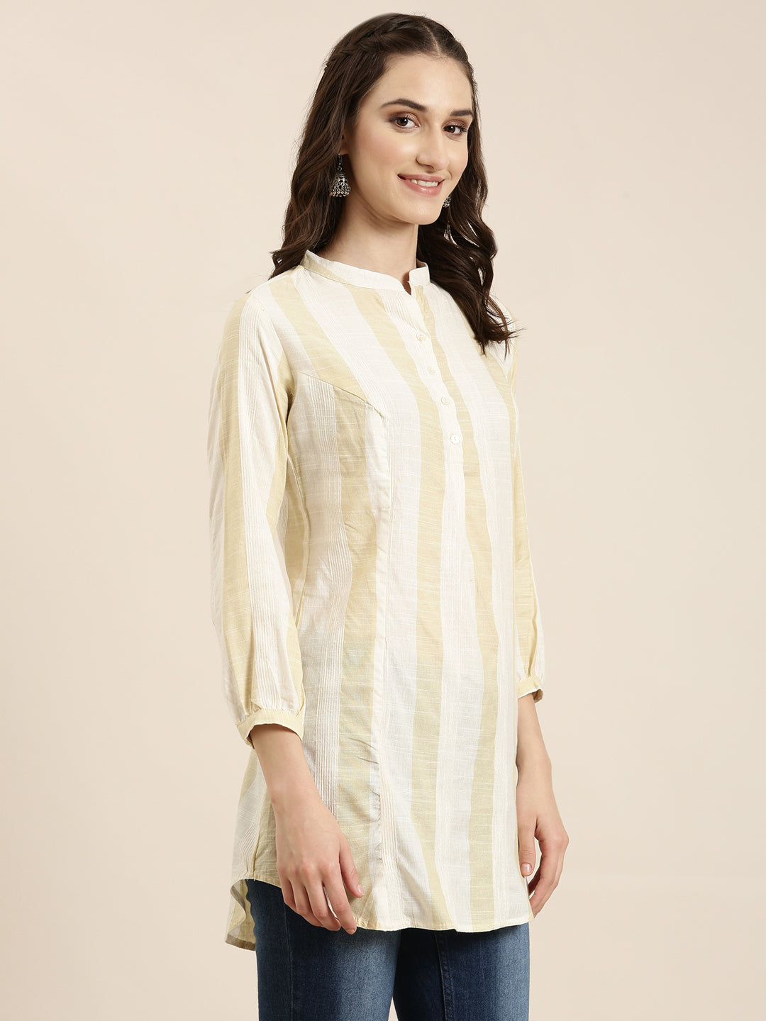 Women Off White Striped A-Line Kurti