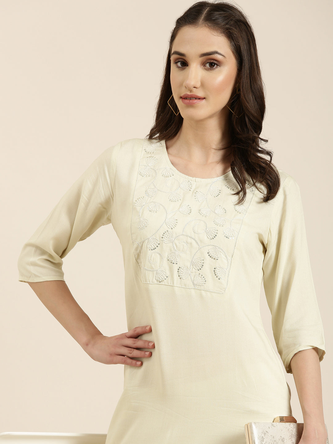 Women Cream Solid Straight Kurta