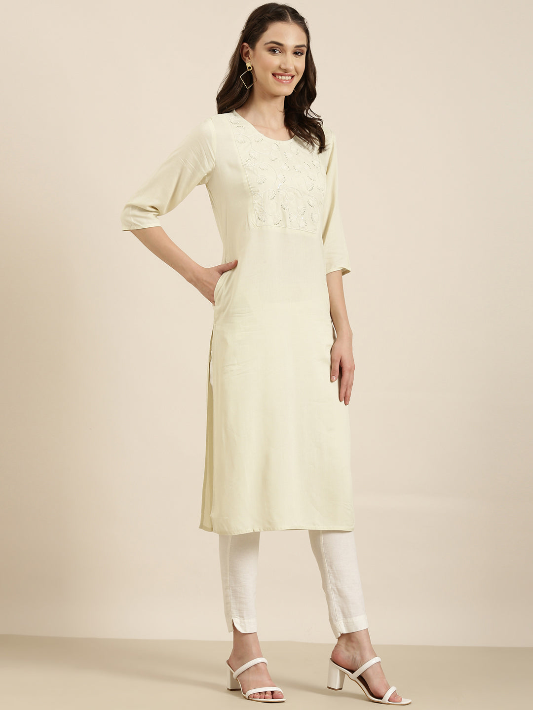 Women Cream Solid Straight Kurta