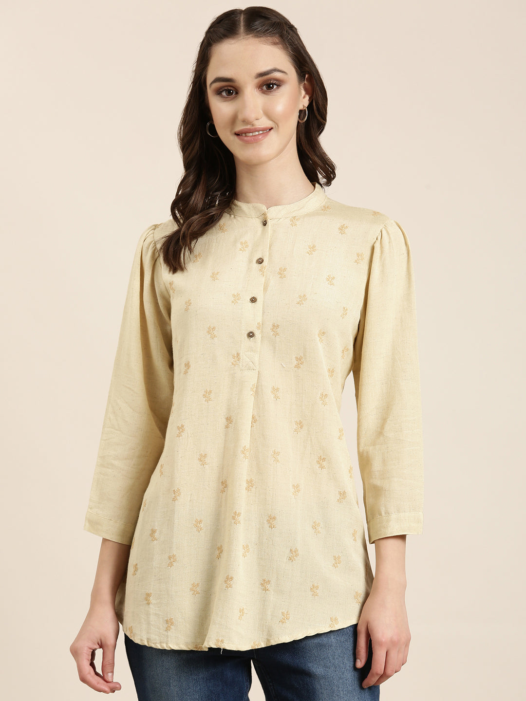 Women Beige Floral Straight Kurti