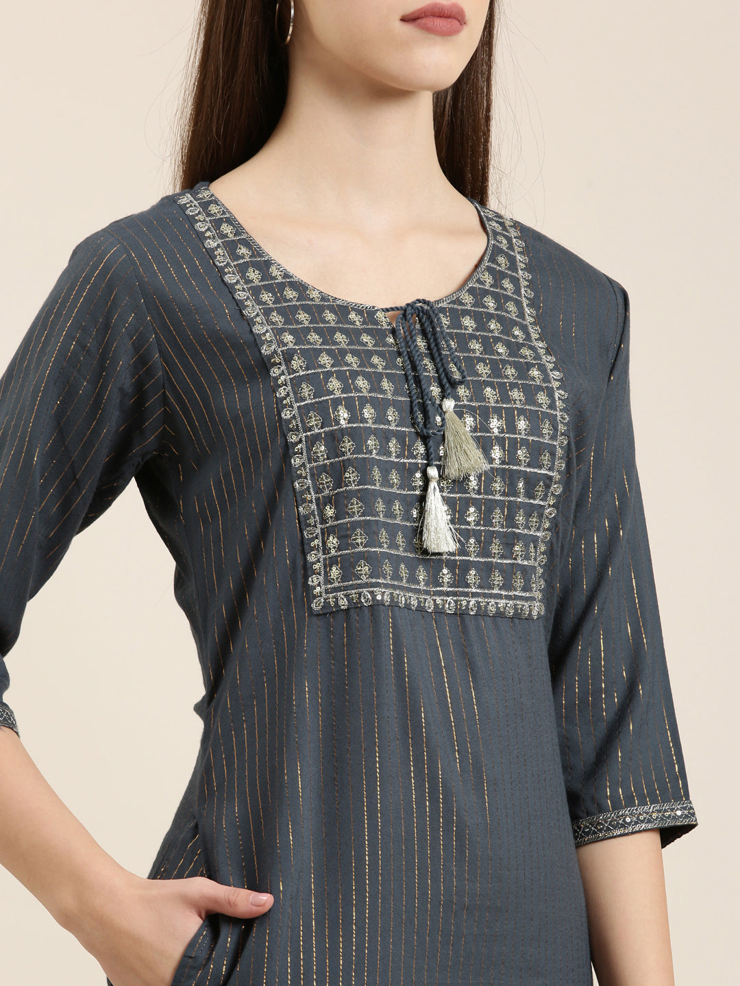 Women Teal Striped Straight Kurta