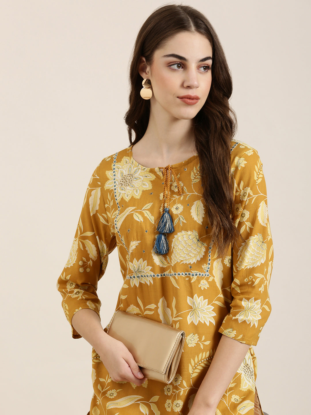 Women Mustard Floral Straight Kurta