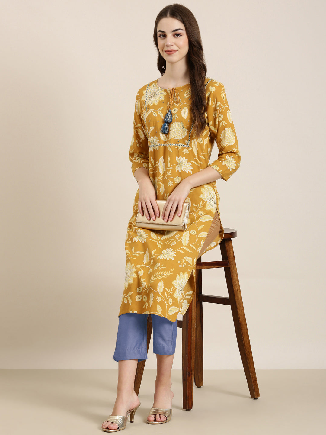 Women Mustard Floral Straight Kurta