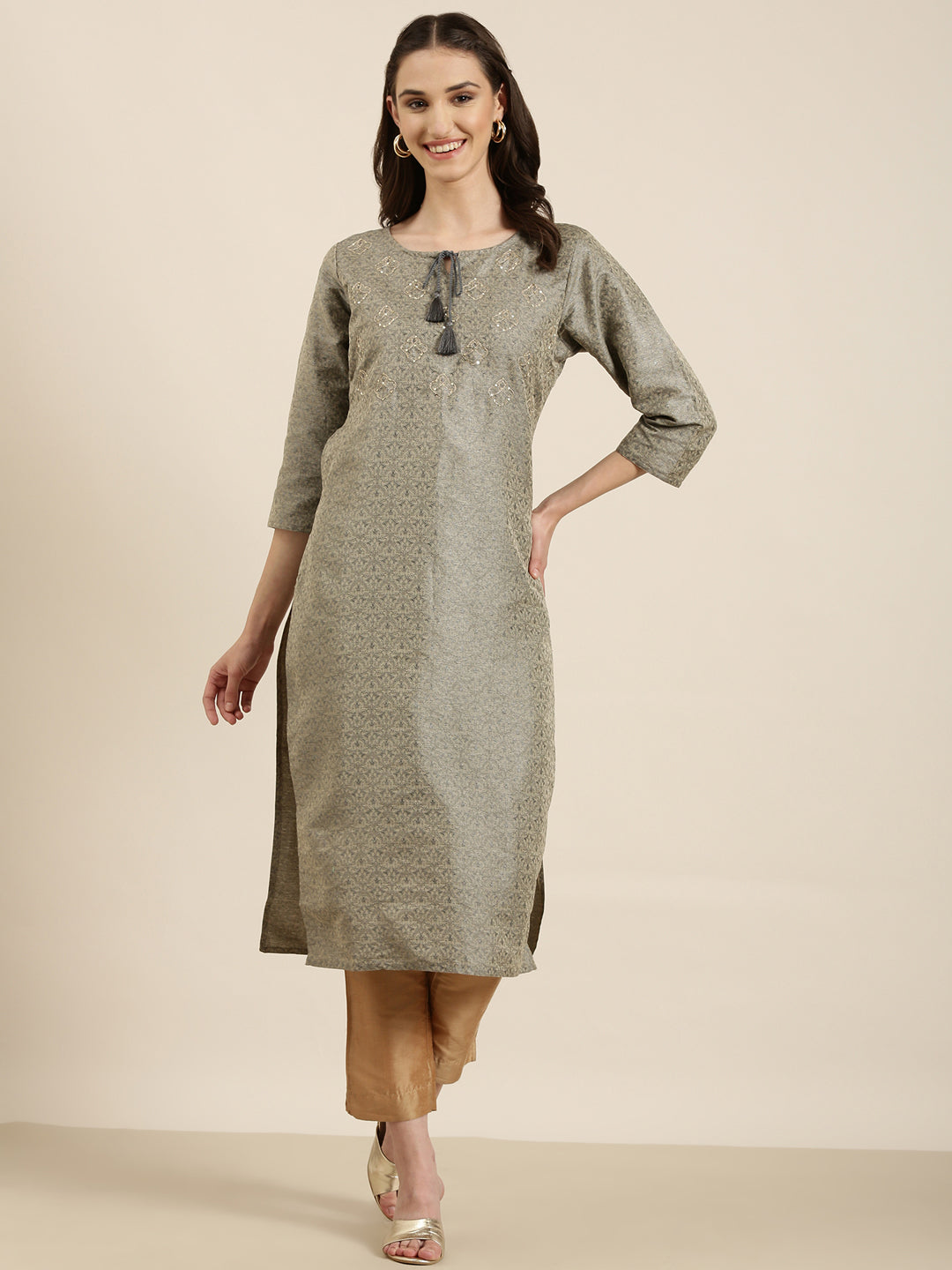 Women Beige Solid Straight Kurta