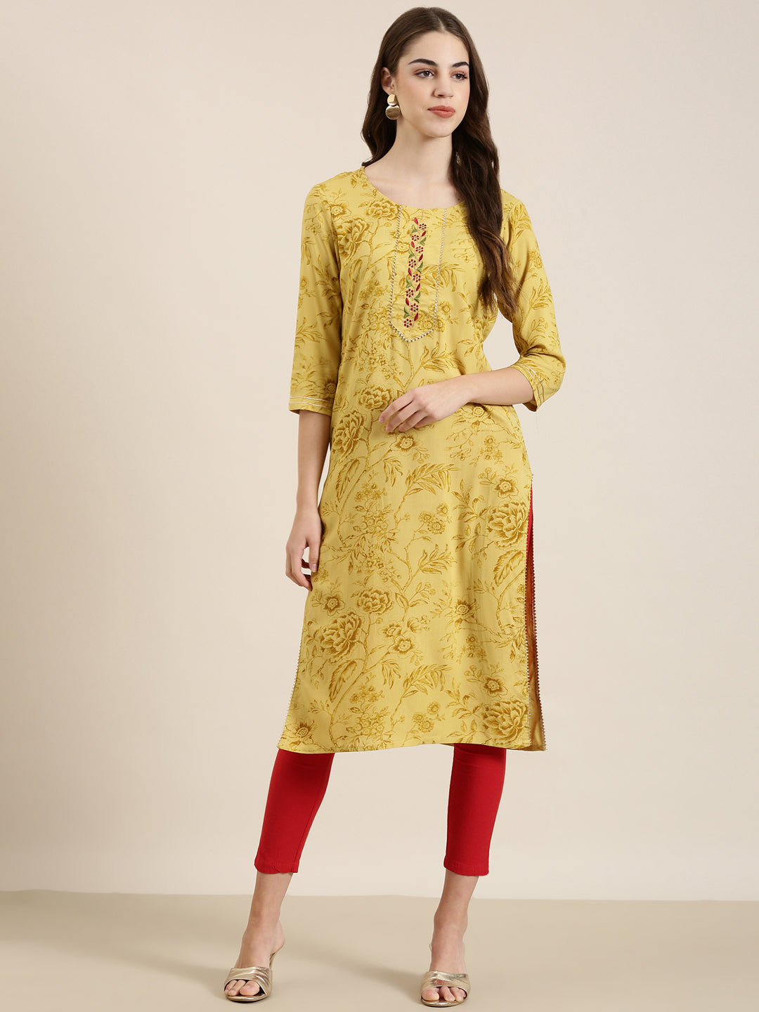 Women Mustard Floral Straight Kurta