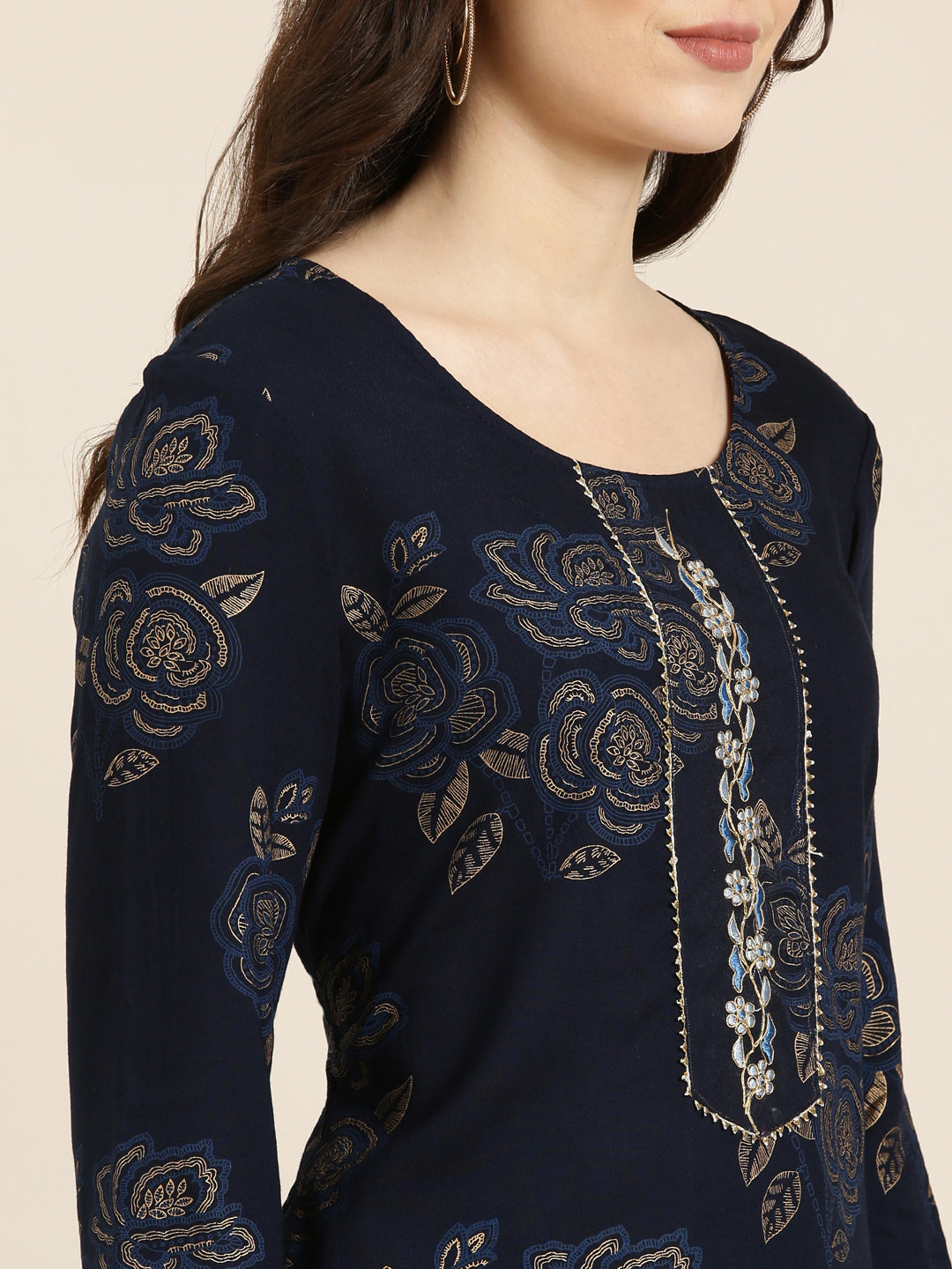 Women Navy Blue Floral Straight Kurta