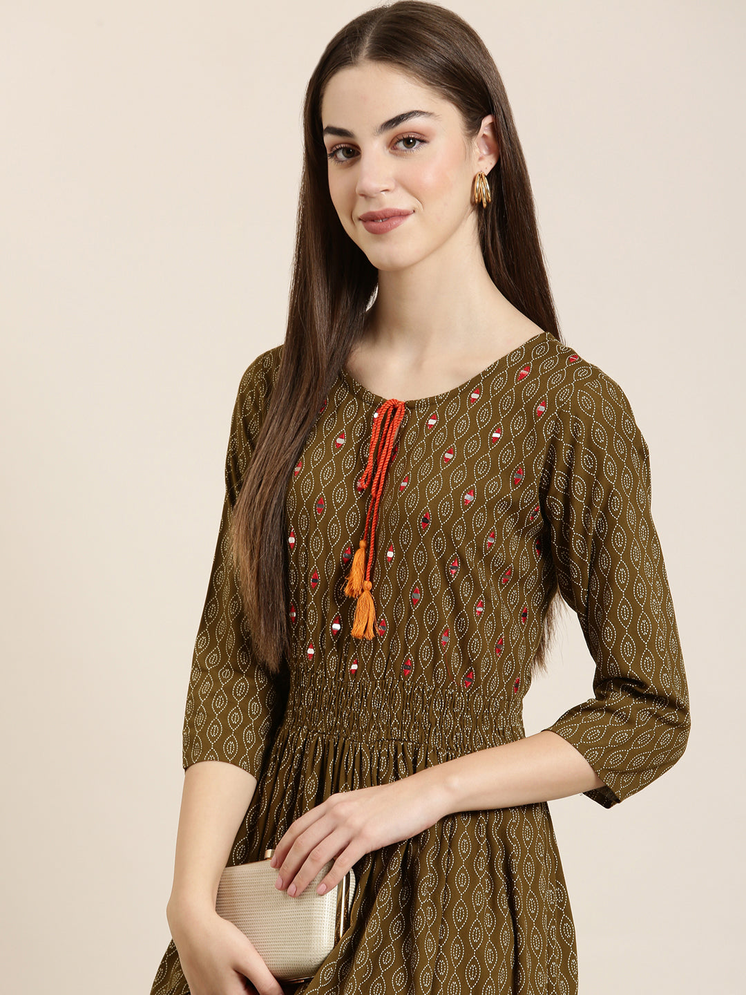 Women Olive Geometrical A-Line Kurta