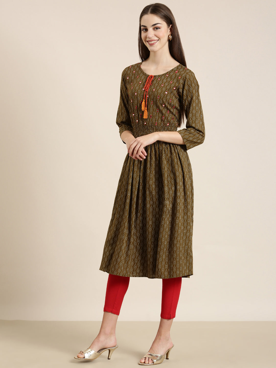 Women Olive Geometrical A-Line Kurta