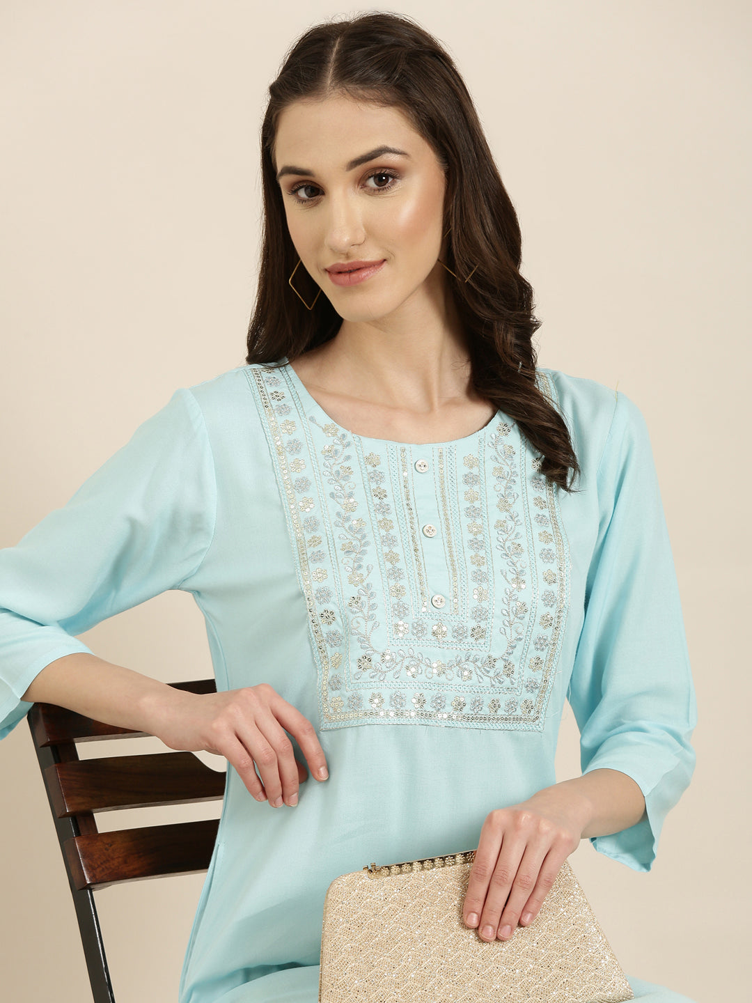 Women Blue Solid Straight Kurta