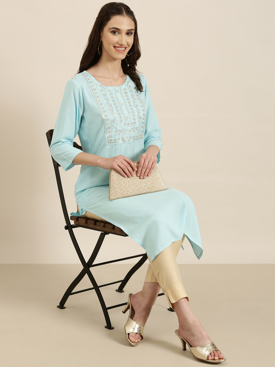 Women Blue Solid Straight Kurta