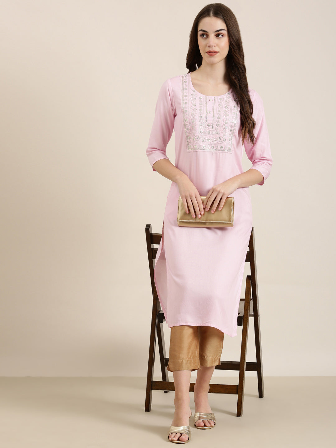 Women Pink Solid Straight Kurta