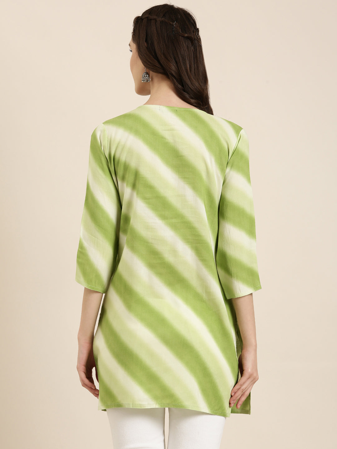Women Green Striped Straight Kurti