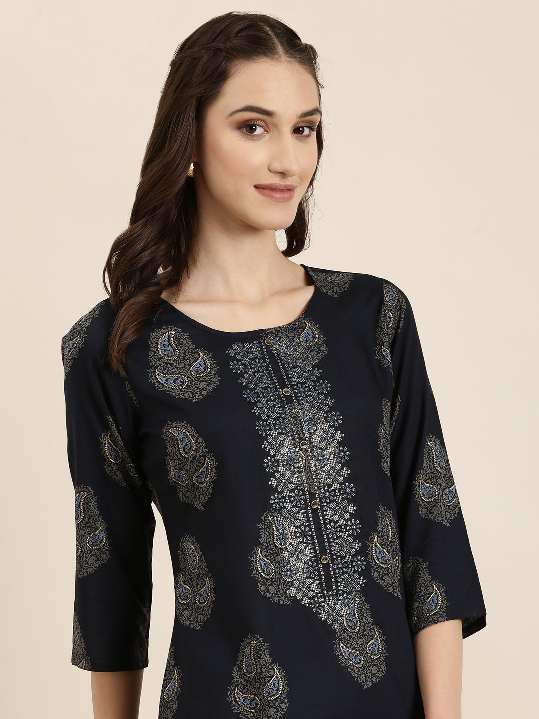 Women Navy Blue Paisley Straight Kurti