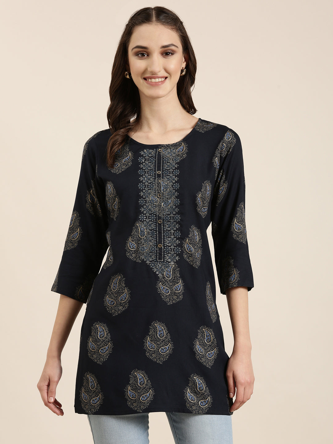 Women Navy Blue Paisley Straight Kurti