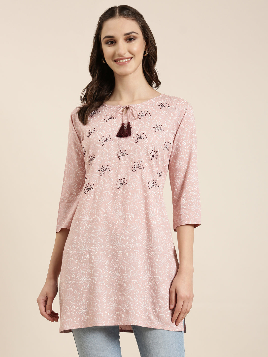 Women Pink Floral Straight Kurti