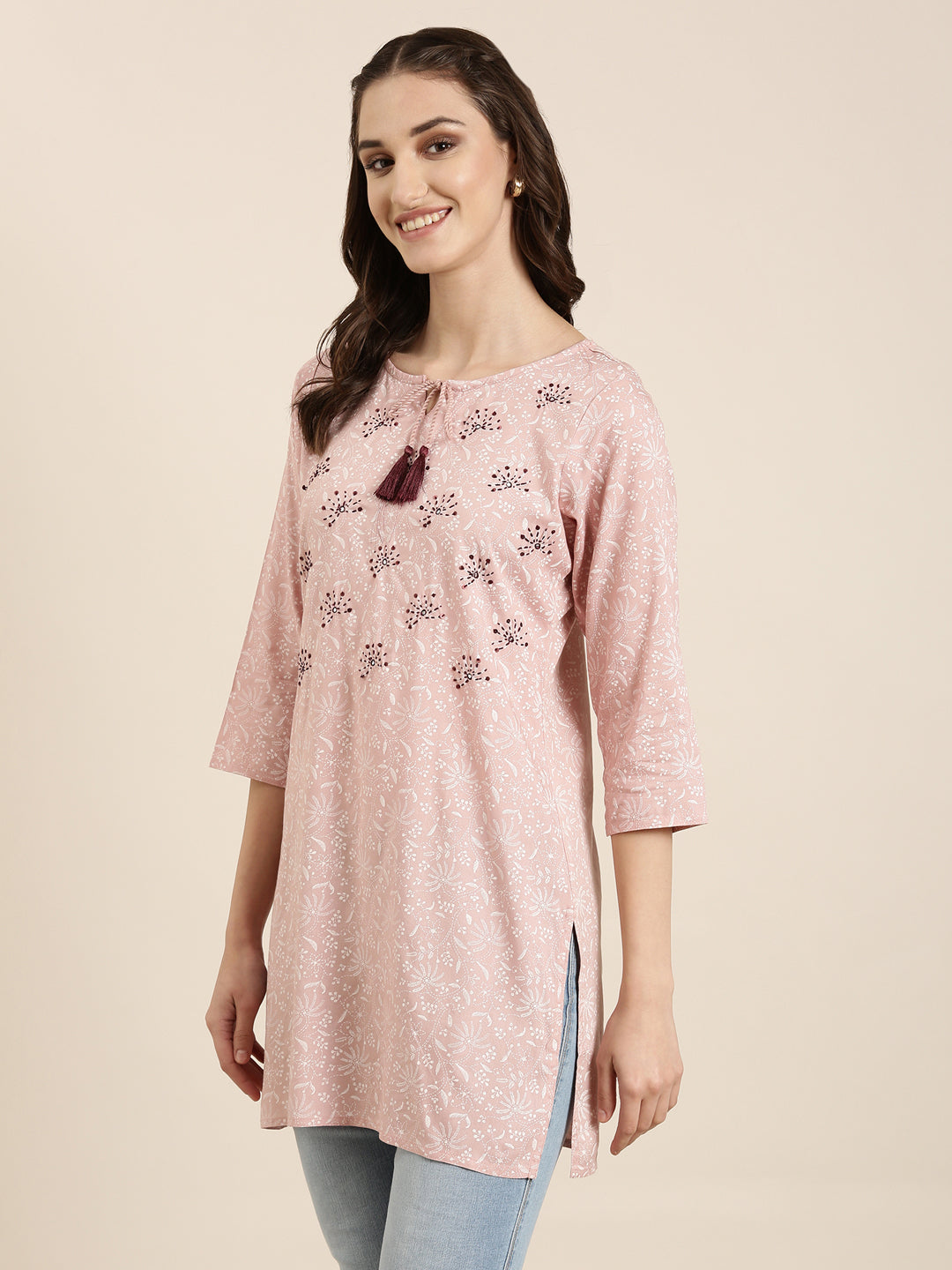 Women Pink Floral Straight Kurti