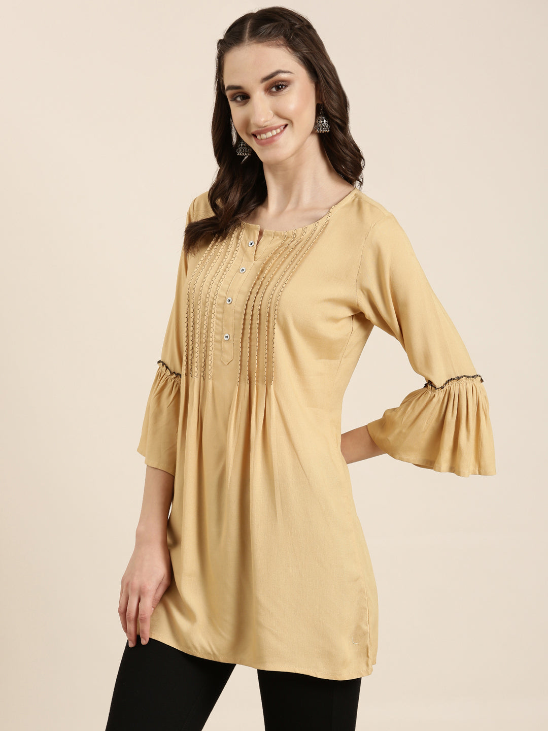 Women Beige Solid A-Line Kurti