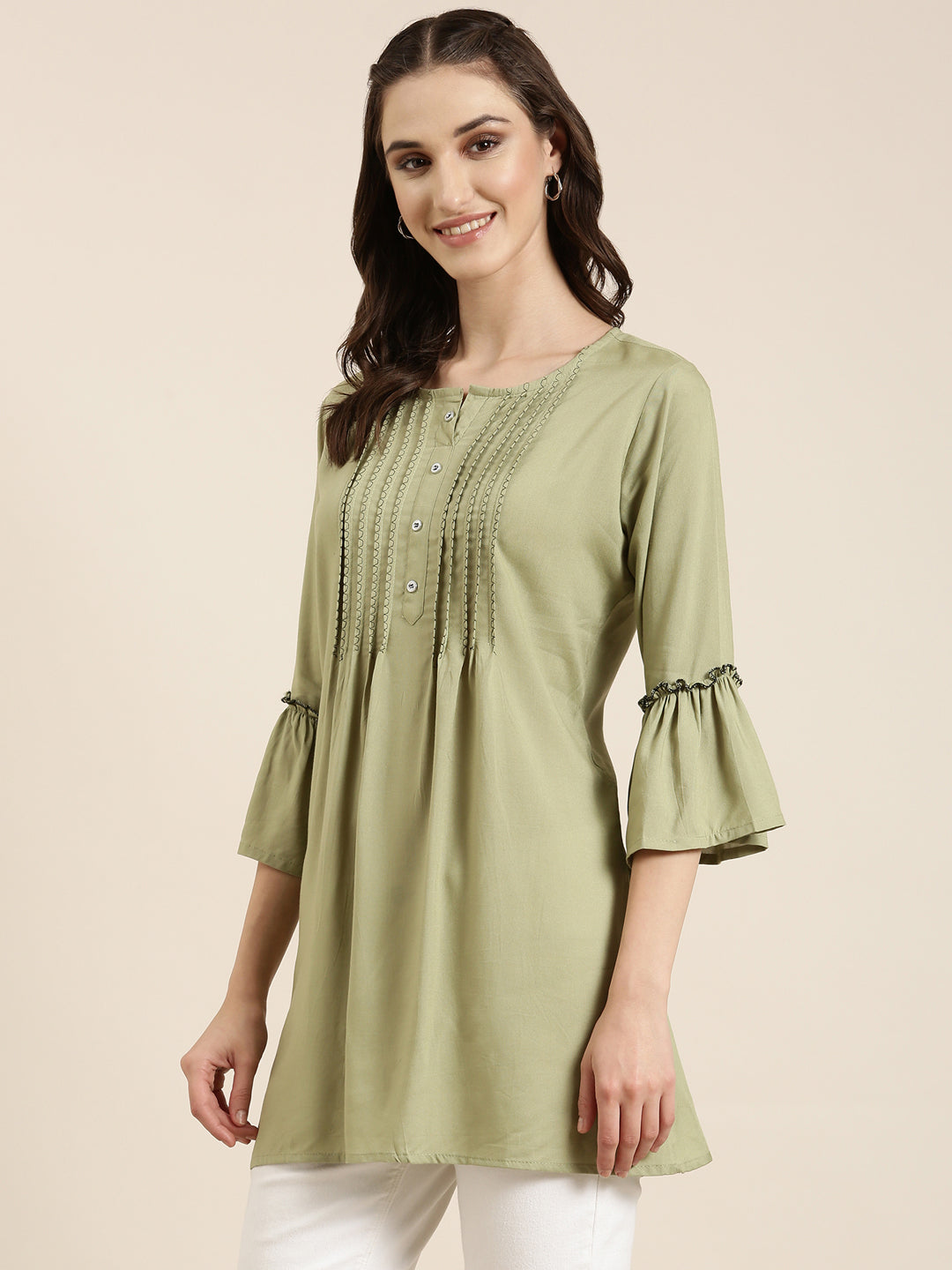 Women Green Solid A-Line Kurti