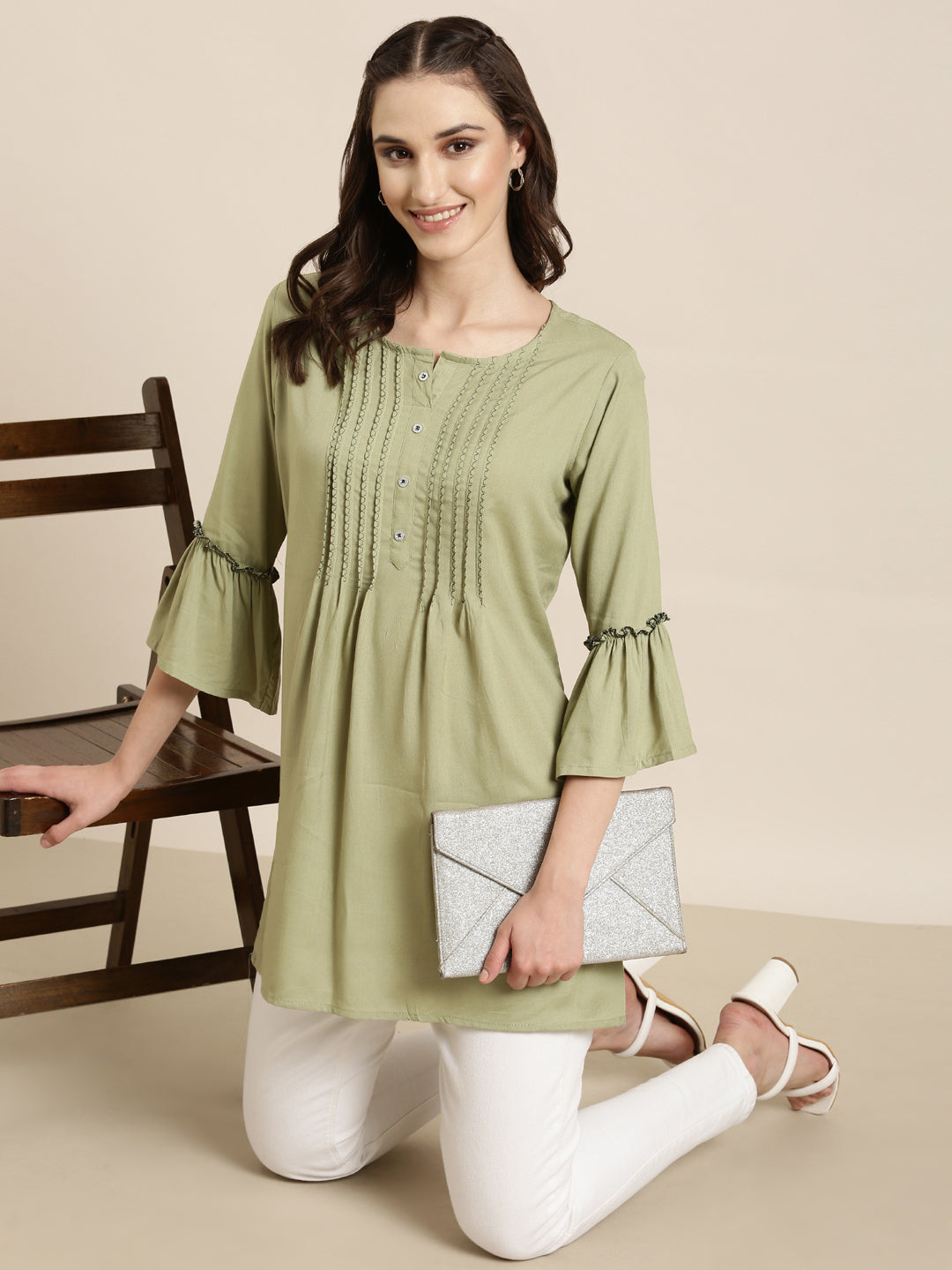 Women Green Solid A-Line Kurti