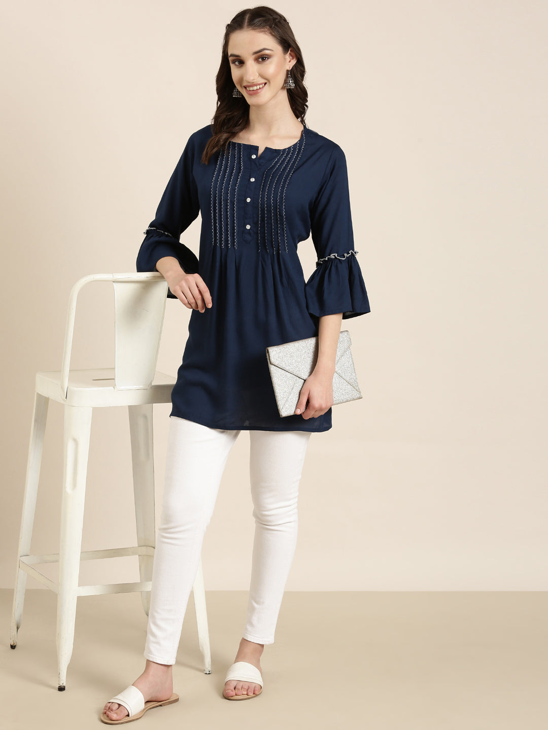 Women Navy Blue Solid A-Line Kurti