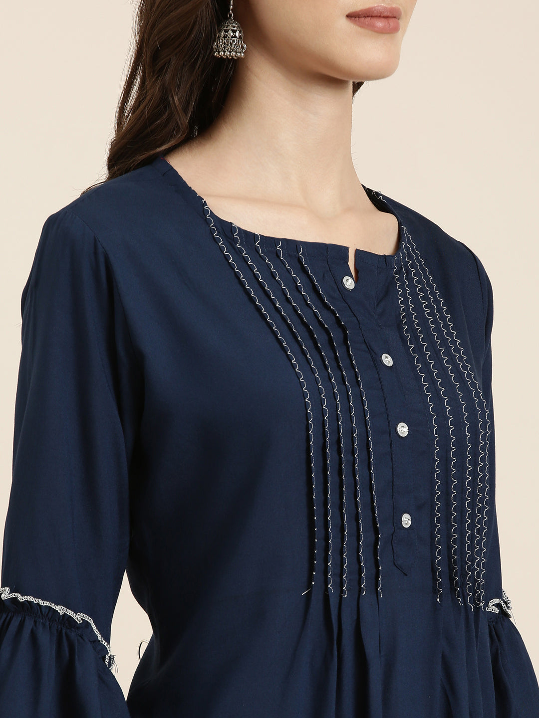 Women Navy Blue Solid A-Line Kurti