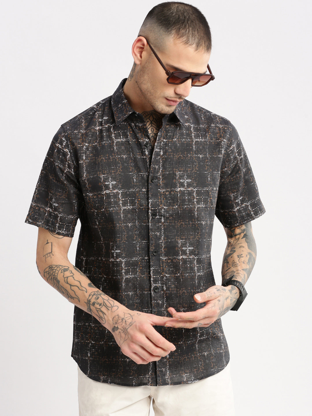 Men Spread Collar Abstract Black Casual Shirt