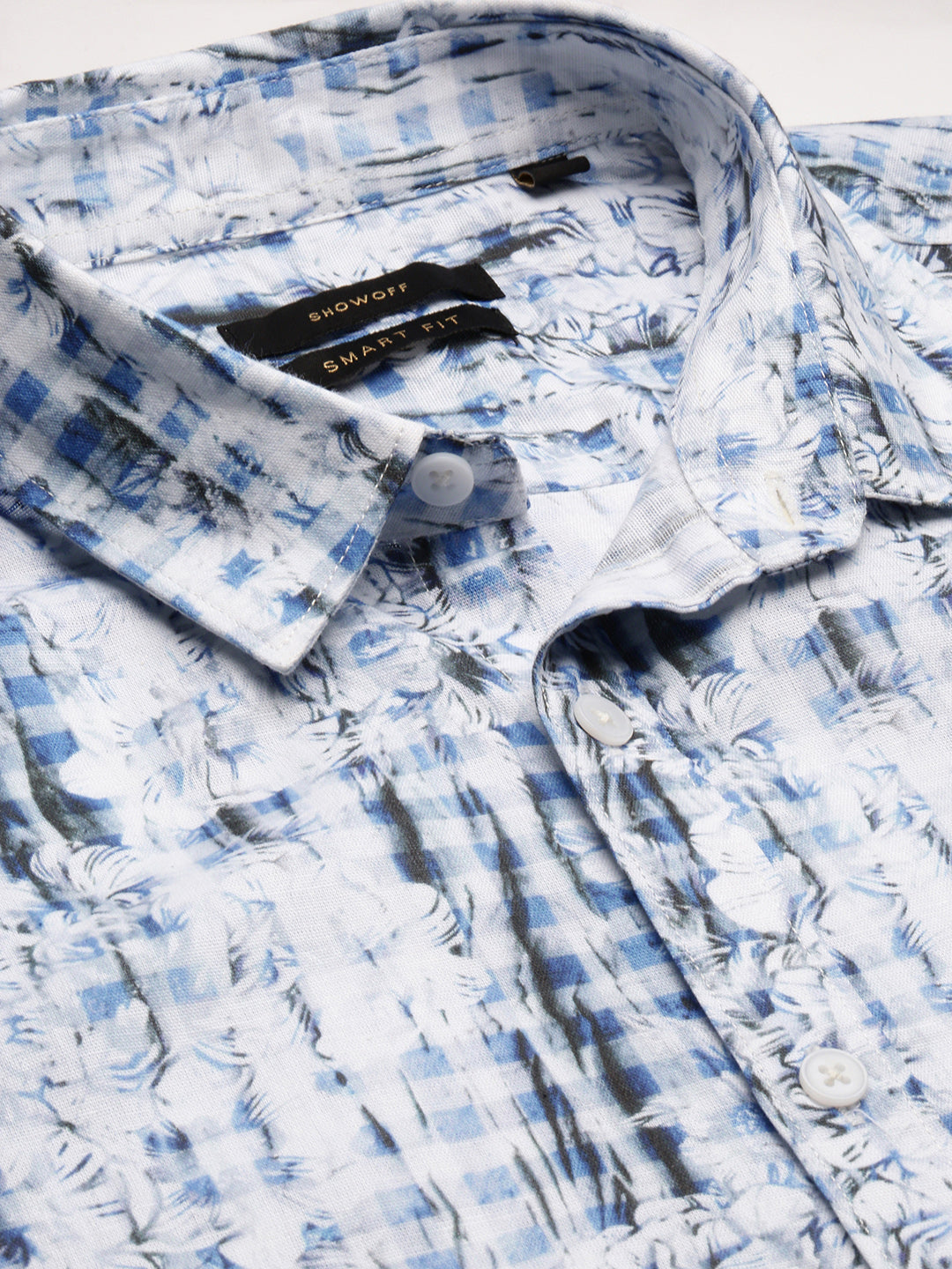 Men Spread Collar Floral Blue Casual Shirt