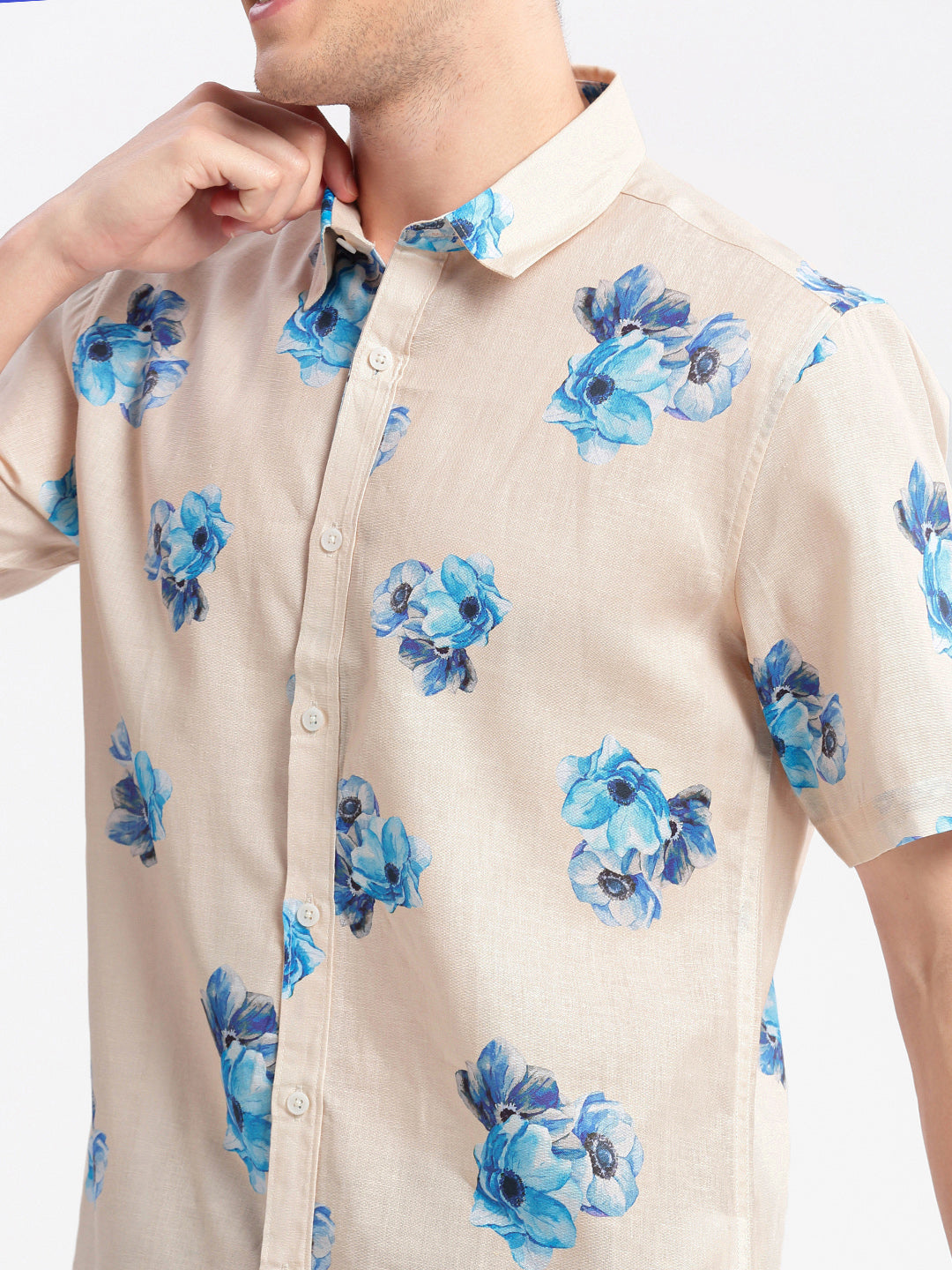 Men Spread Collar Floral Cream Casual Shirt