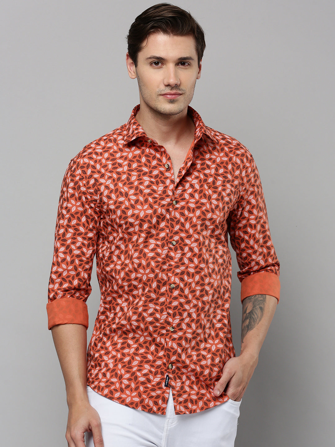 Men Orange Printed Casual Shirt