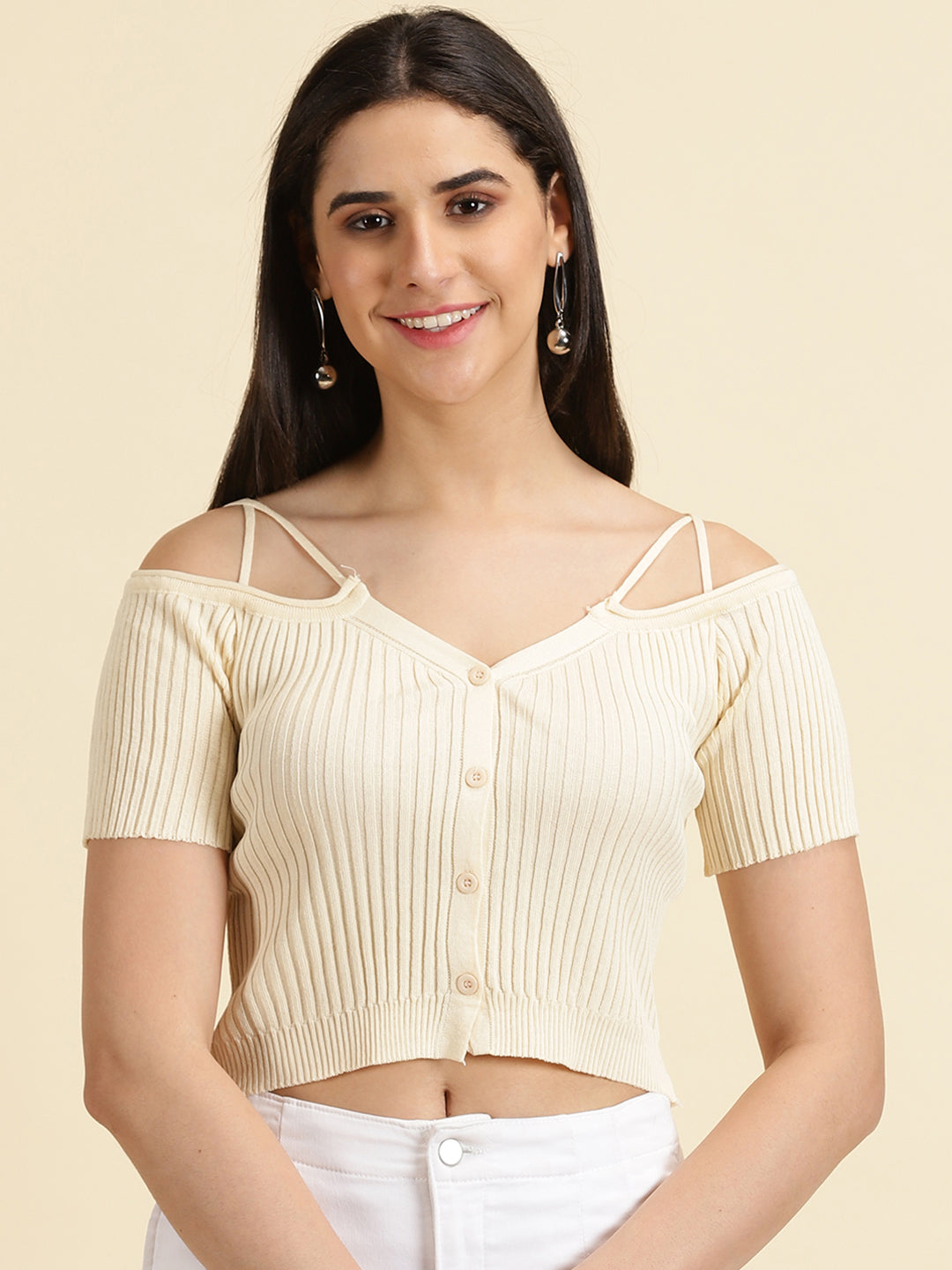 Women's Cream Solid Fitted Crop Top