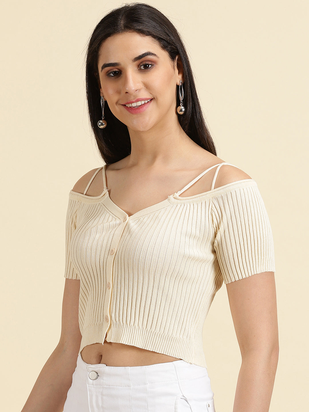 Women's Cream Solid Fitted Crop Top