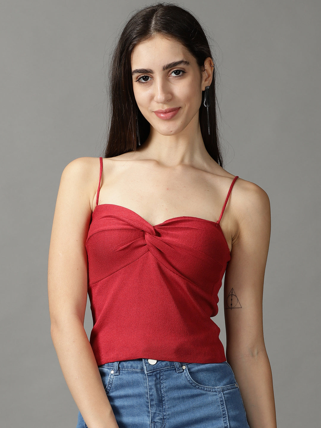 Women's Red Solid Fitted Crop Top