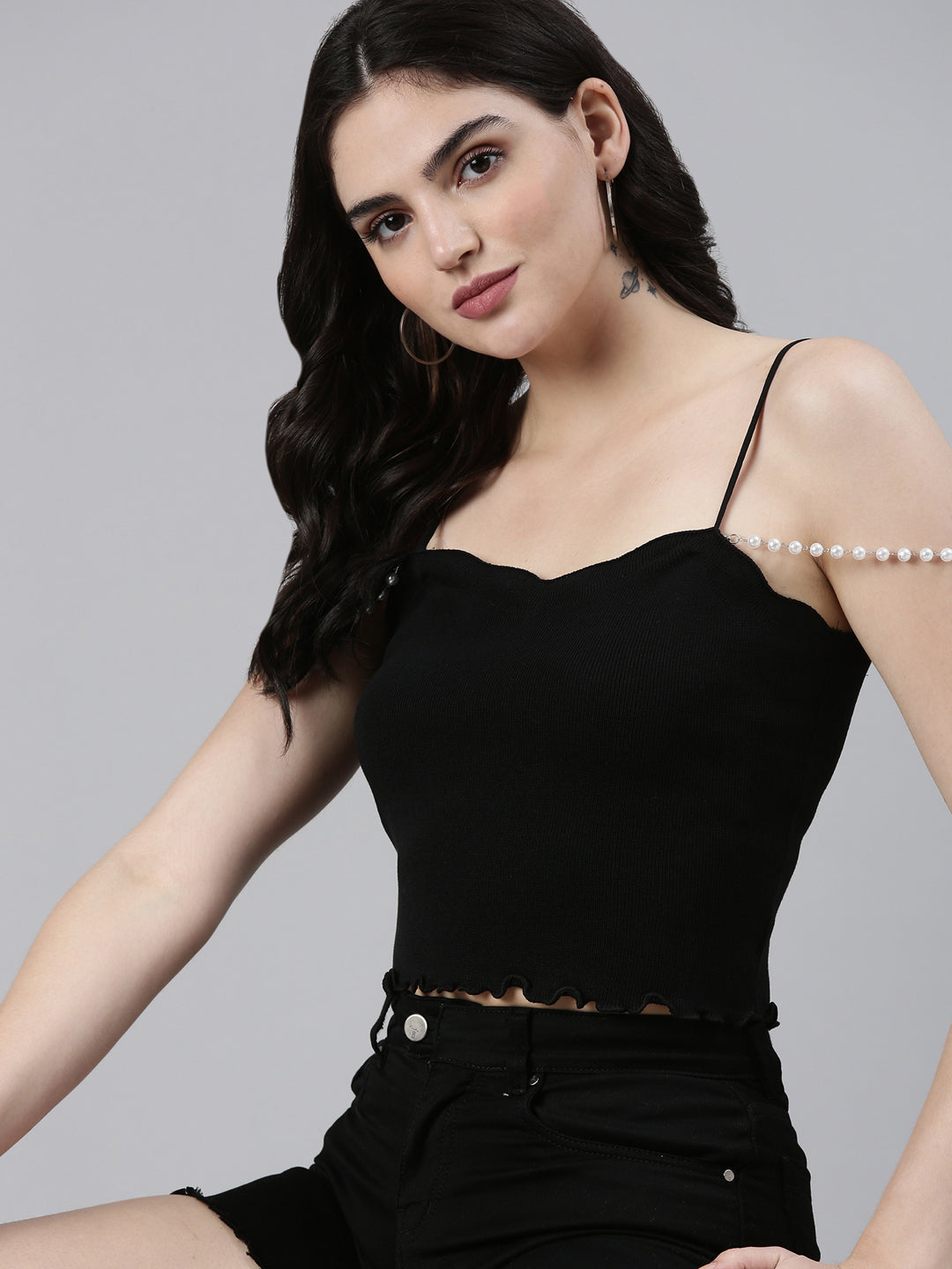 Shoulder Straps Solid Sleeveless Black Crop Tank Top