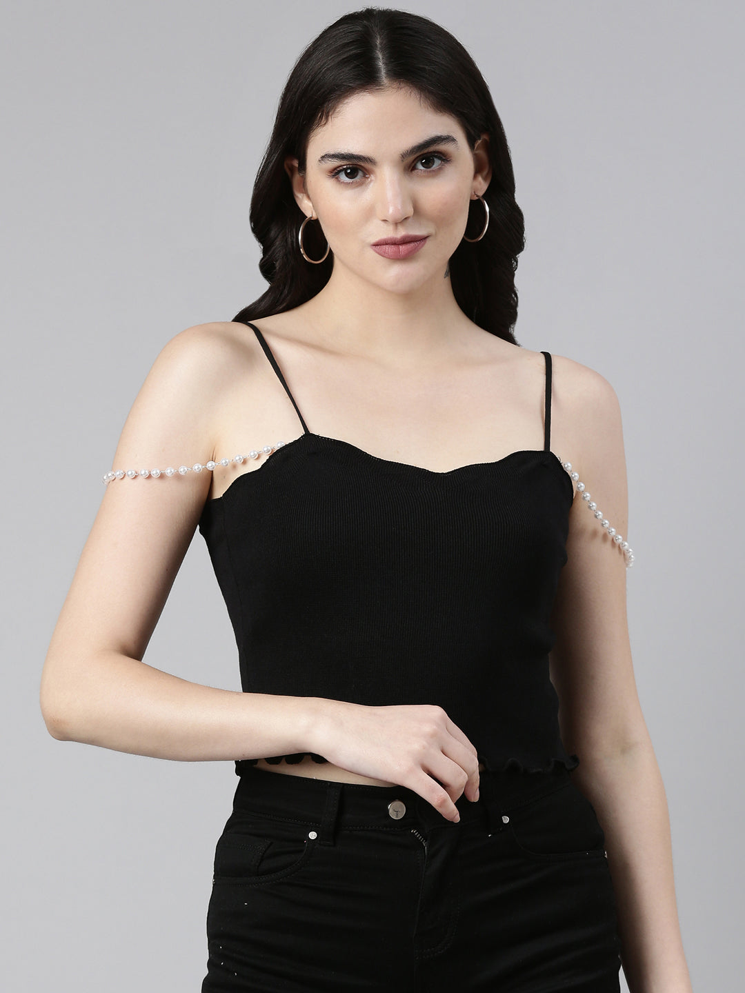 Shoulder Straps Solid Sleeveless Black Crop Tank Top